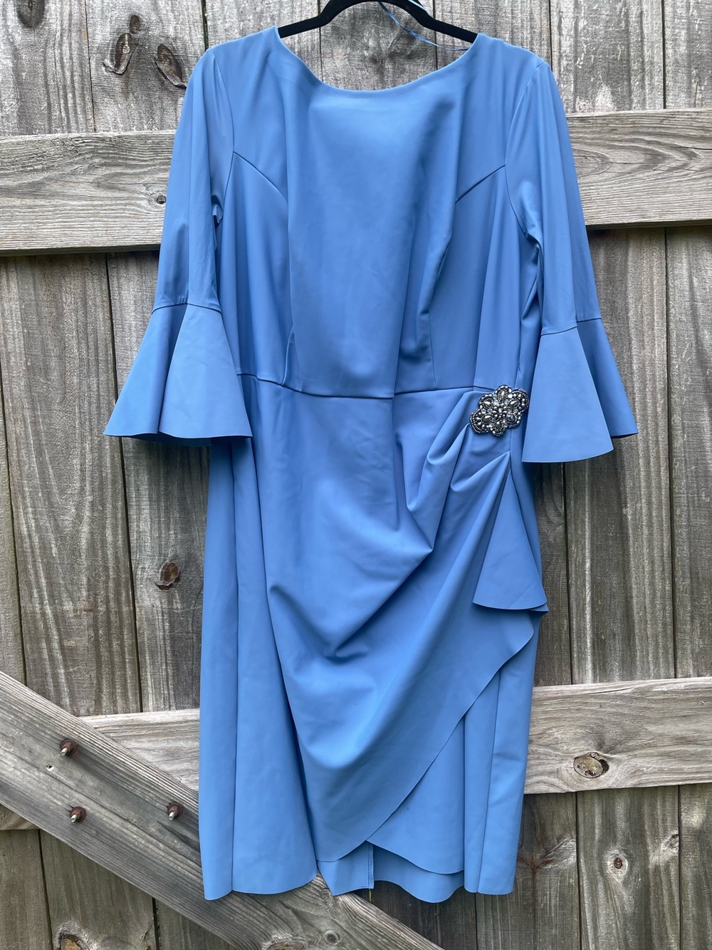 Alex Evenings Powder Blue Midi Dress with Jeweled Brooch